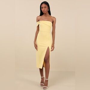 NEW Lulus Twist and Make Up Light Yellow One-Shoulder Bodycon Midi Dress, Medium